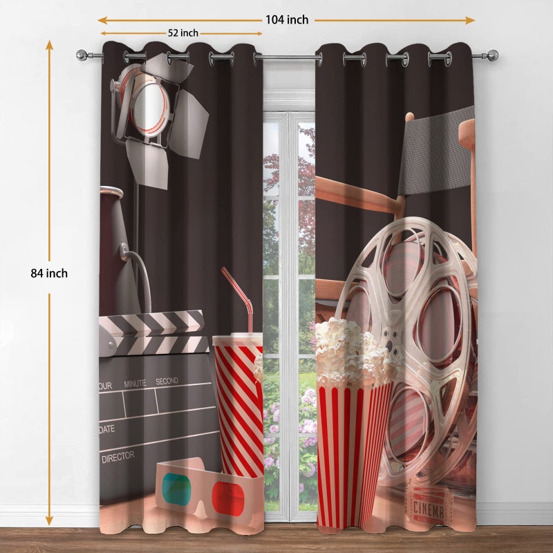 Jekeno Movie Theater Blackout Curtains Movie Theater Theme Print Home Bedroom Living Room Decor Sunlight Blocking Grommet Window Drapes 2 Panel Set, 52"x84" - Image 2